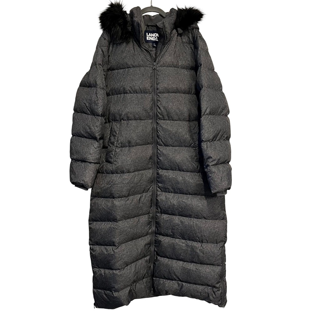 Lands' End Puffer Jacket Long Parka Coat Down Gray Faux Fur Hood Womens L 14-16